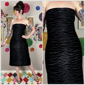 Vintage Y2K Black Strapless Velvet Silver Glitter Tiger Stripe Dress